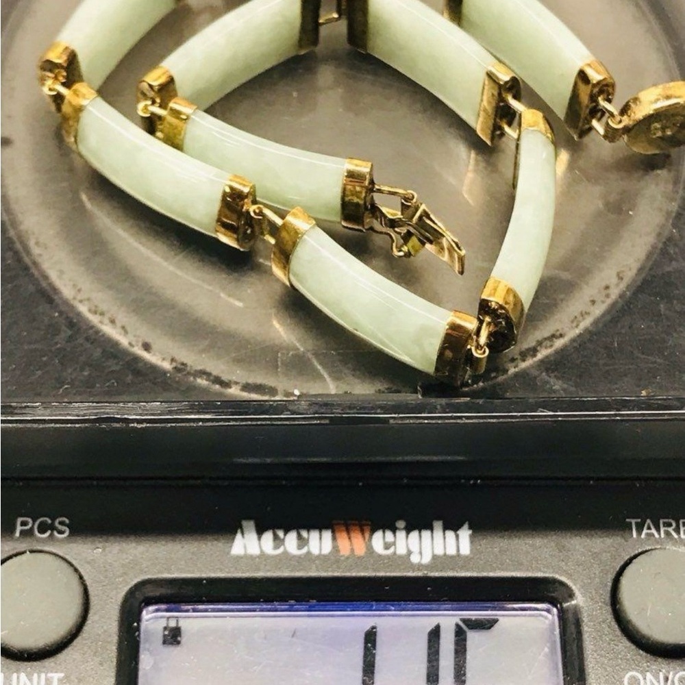 10K Yellow Gold Natural Green Jade Panel Link Bracelet 7” 11.5g Estate 16mm - Picture 6 of 12